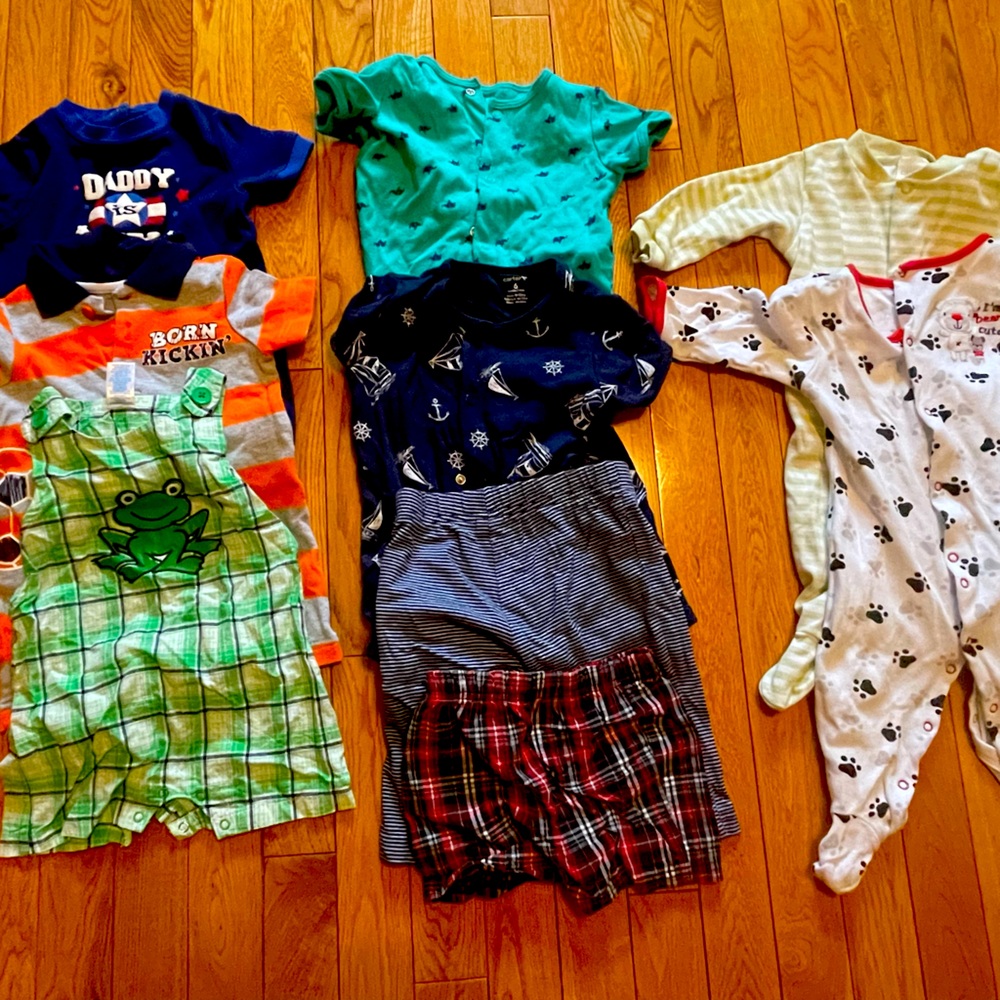 Baby onesies and footsies (3-6 months) plus two bottoms (9 pieces)